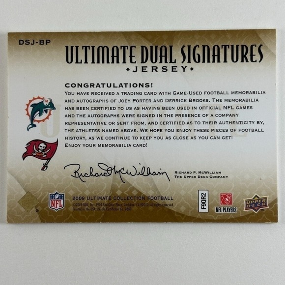 2009 Ultimate Dual Signatures & Jerseys Derrick Brooks & Joey Porter /20 DSJ-BP - Picture 2 of 2